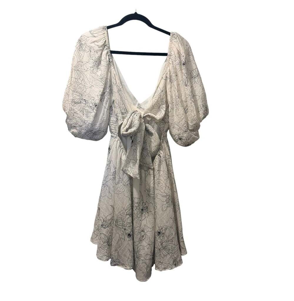 Showpo White Black Floral Print Puff Sleeve Tie Back Mini Dress US 8